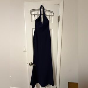 Lulu's Navy Halter Lace Bodice Prom Gown